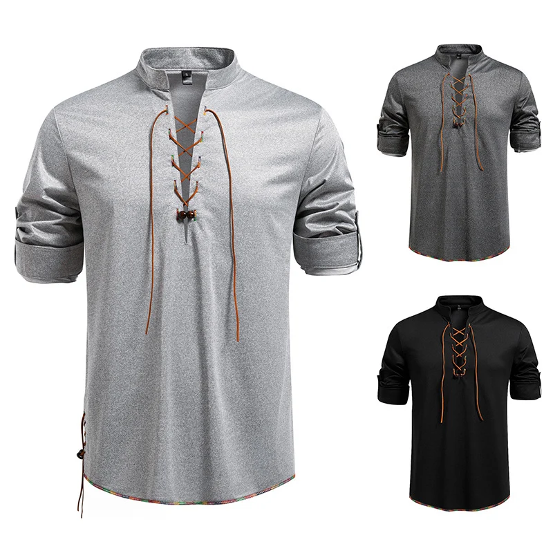 Herren Lässiges Baumwoll-Langarmshirt mit Schnürung, Stehkragen und aufkrempelbaren Ärmeln Nord Taschen