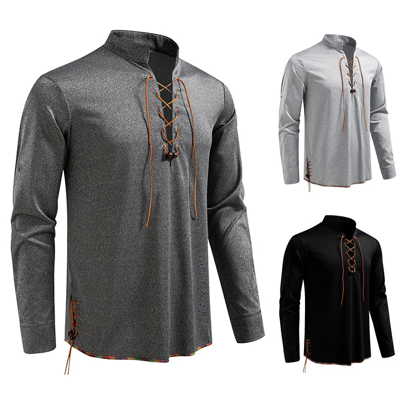 Herren Lässiges Baumwoll-Langarmshirt mit Schnürung, Stehkragen und aufkrempelbaren Ärmeln Nord Taschen