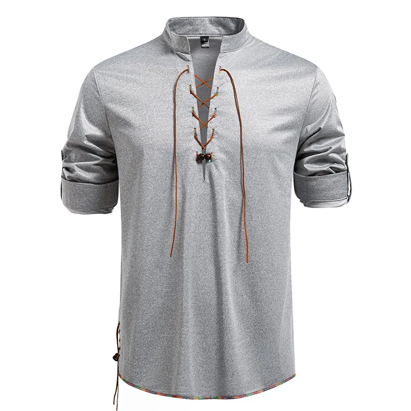 Herren Lässiges Baumwoll-Langarmshirt mit Schnürung, Stehkragen und aufkrempelbaren Ärmeln Nord Taschen