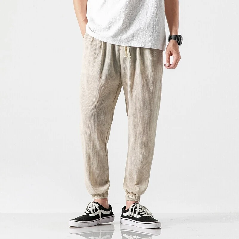 Herren Lässige Leinenmix-Jogginghose mit Tunnelzug, geripptem Strukturstoff und elastischen Bündchen Nord Taschen