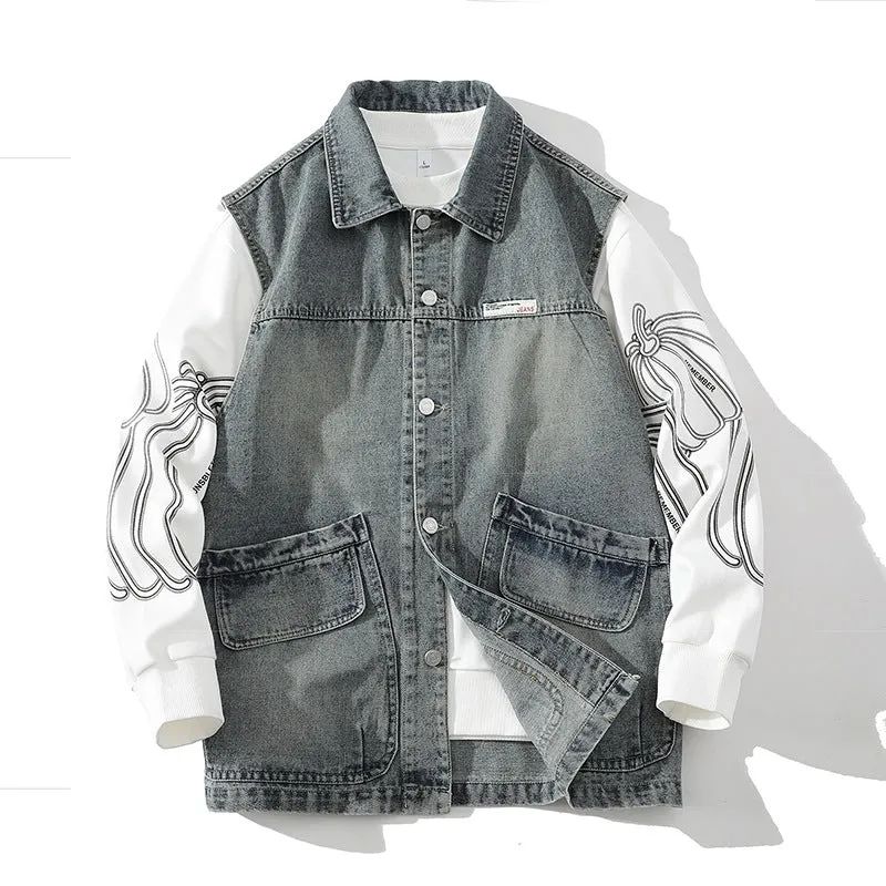 Herren Lässige Denim-Weste mit integriertem Sweatshirt-Ärmel und großen Pattentaschen Nord Taschen