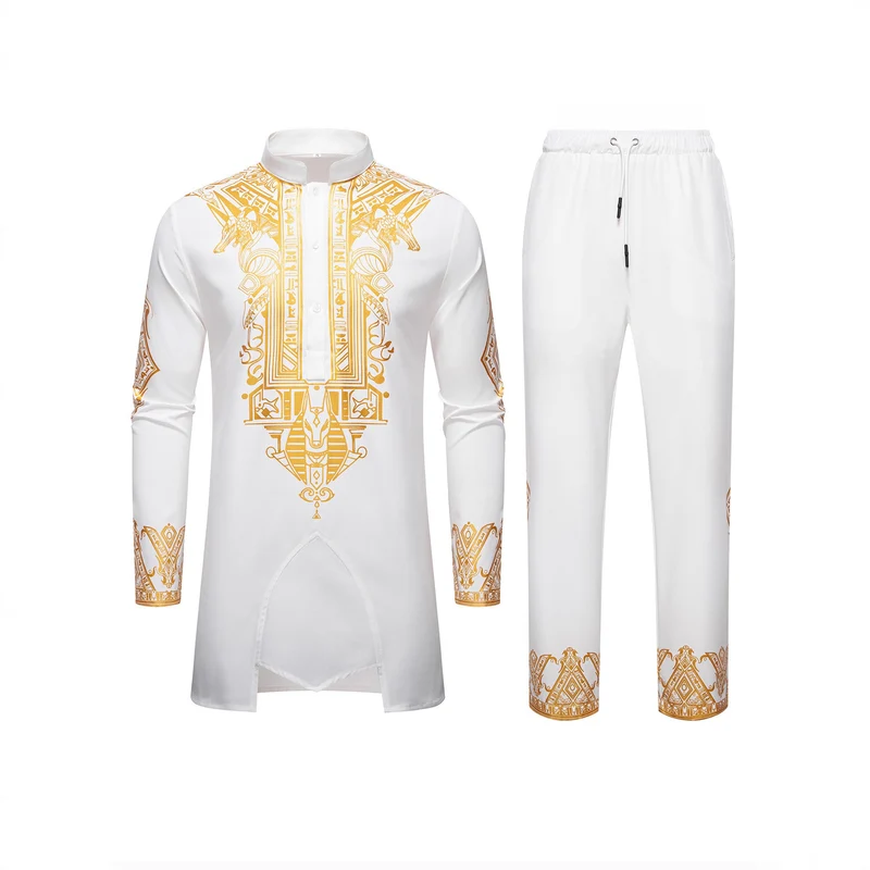 Herren Langes Tunika-Set mit Stehkragen, ägyptischer Goldprint und elastischer Joggerhose Nord Taschen