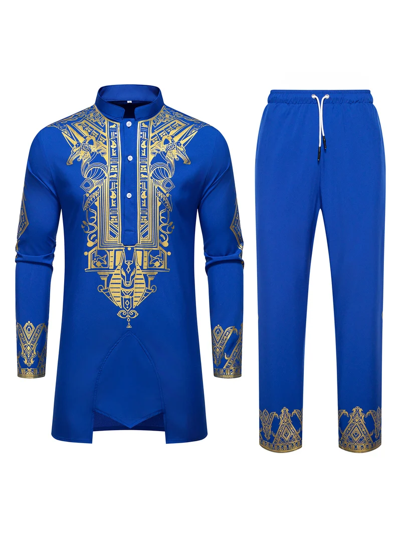 Herren Langes Tunika-Set mit Stehkragen, ägyptischer Goldprint und elastischer Joggerhose Nord Taschen