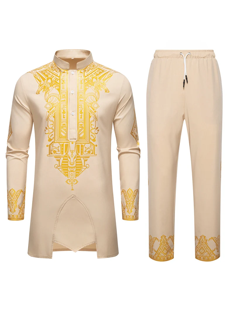 Herren Langes Tunika-Set mit Stehkragen, ägyptischer Goldprint und elastischer Joggerhose Nord Taschen