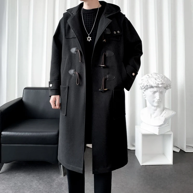 Herren Langer Wollmix Dufflecoat mit Kapuze, Knebelverschlüssen und aufgesetzten Taschen Nord Taschen