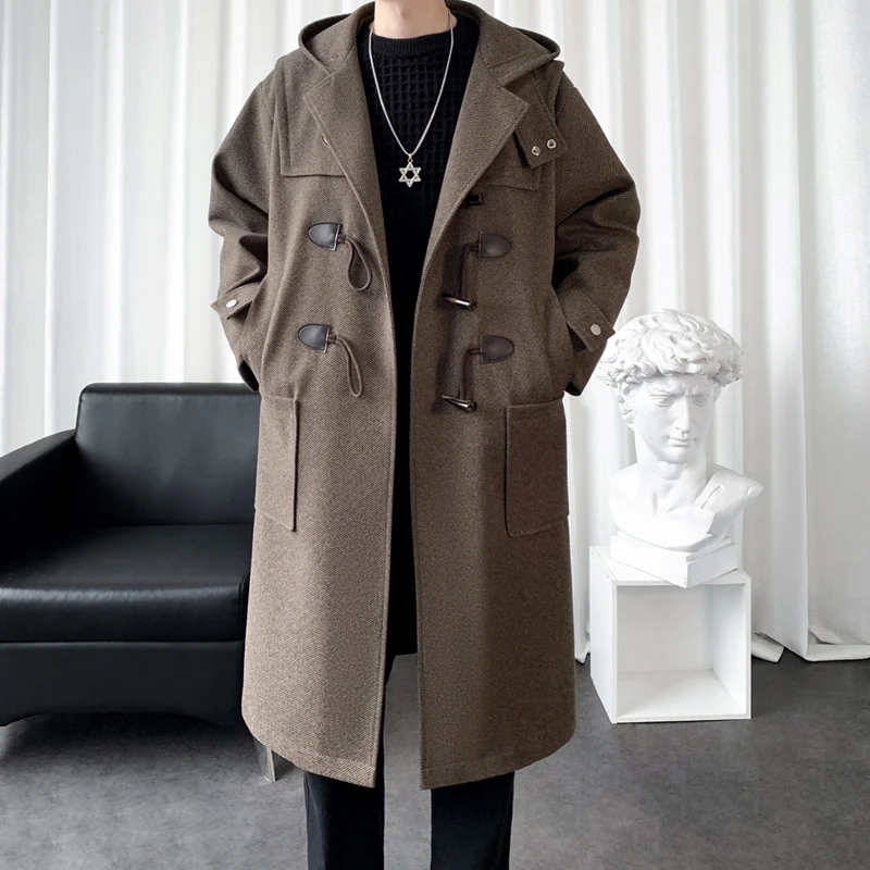 Herren Langer Wollmix Dufflecoat mit Kapuze, Knebelverschlüssen und aufgesetzten Taschen Nord Taschen