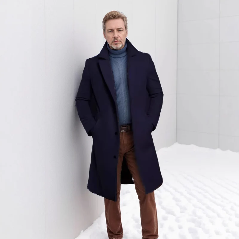 Herren Langer taillierter Mantel mit breitem Revers und edler Wollmischung Nord Taschen