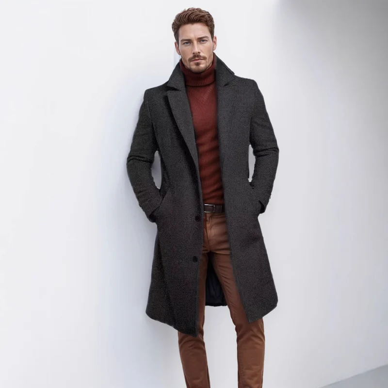 Herren Langer taillierter Mantel mit breitem Revers und edler Wollmischung Nord Taschen