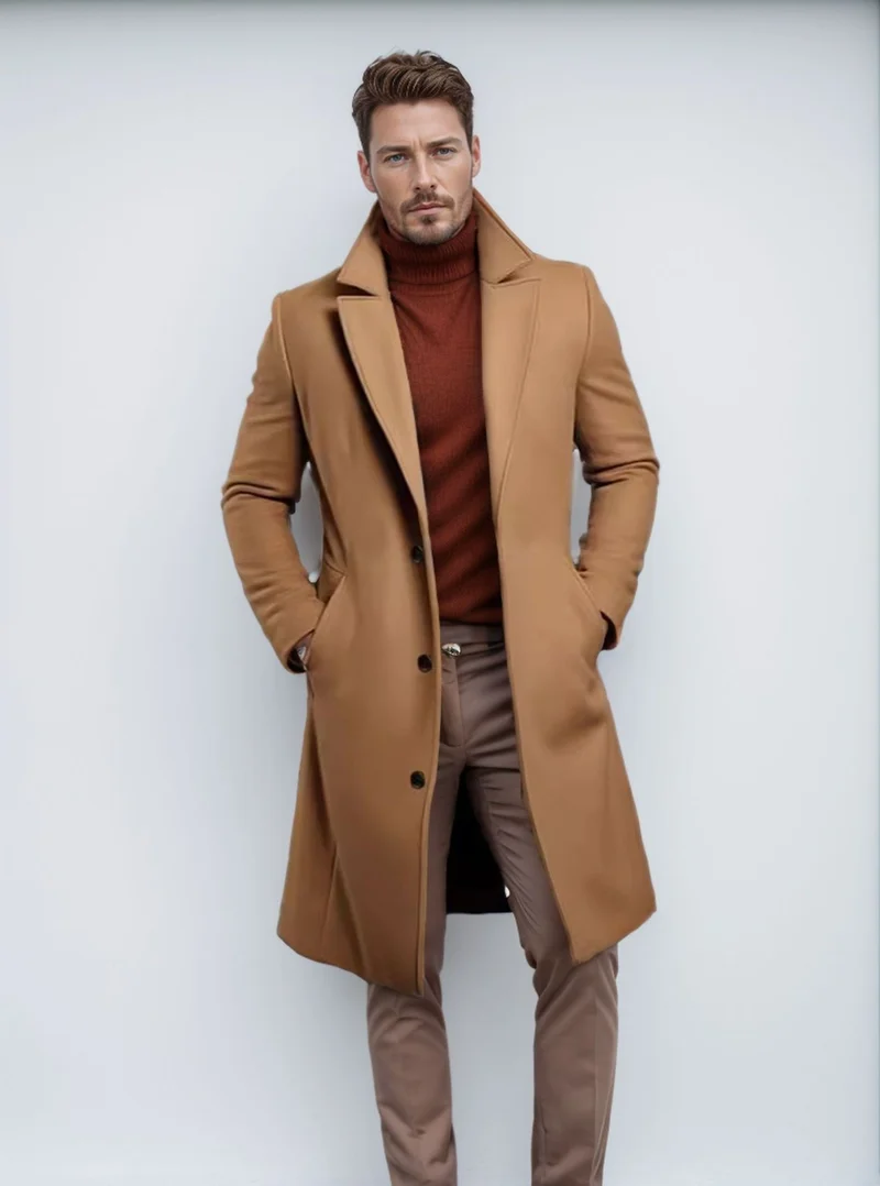 Herren Langer taillierter Mantel mit breitem Revers und edler Wollmischung Nord Taschen