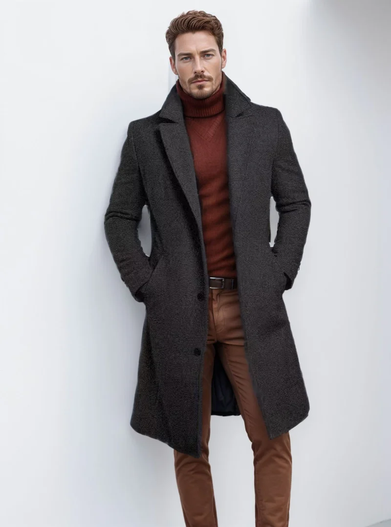 Herren Langer taillierter Mantel mit breitem Revers und edler Wollmischung Nord Taschen