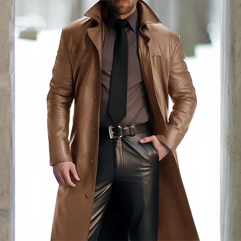 Herren Langer Ledermantel mit Hemdkragen, tailliertem Schnitt und verdeckter Knopfleiste Nord Taschen
