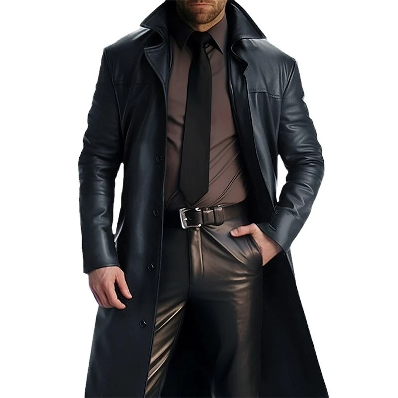 Herren Langer Ledermantel mit Hemdkragen, tailliertem Schnitt und verdeckter Knopfleiste Nord Taschen