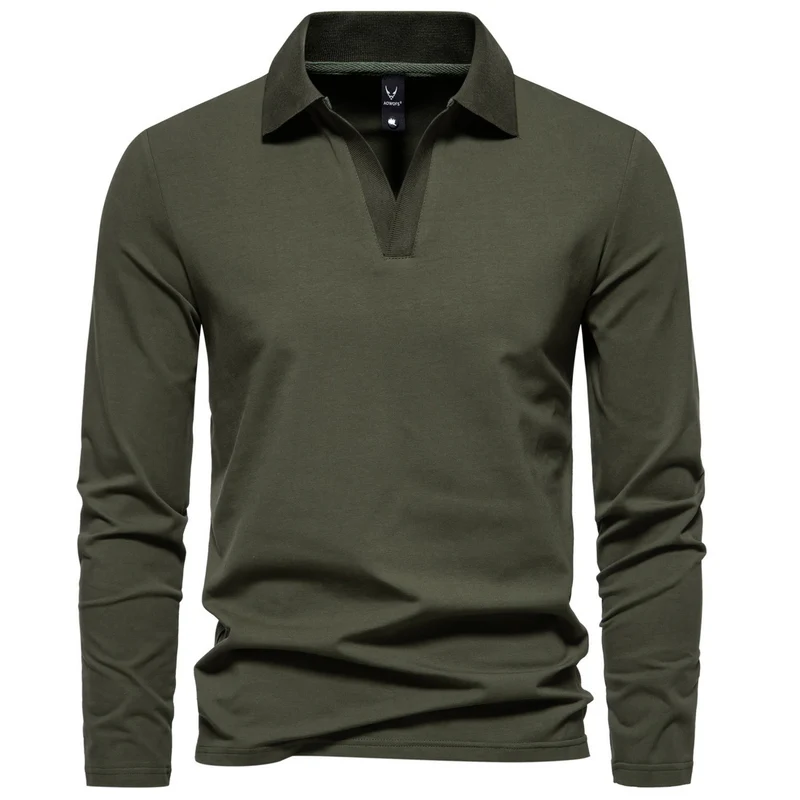 Herren Langarm-Poloshirt mit offenem V-Ausschnitt und Kentkragen Nord Taschen