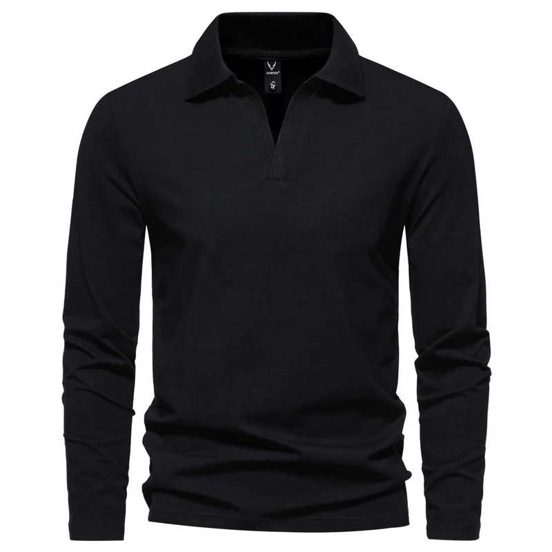 Herren Langarm-Poloshirt mit offenem V-Ausschnitt und Kentkragen Nord Taschen