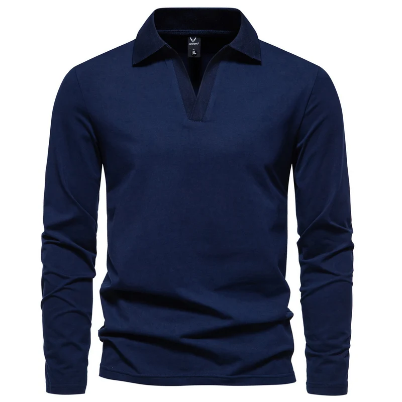 Herren Langarm-Poloshirt mit offenem V-Ausschnitt und Kentkragen Nord Taschen