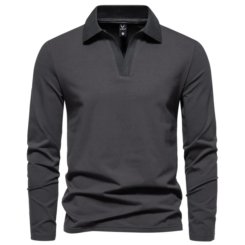 Herren Langarm-Poloshirt mit offenem V-Ausschnitt und Kentkragen Nord Taschen