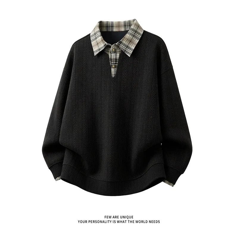 Herren Lagenlook-Pullover mit integriertem Karohemdkragen Nord Taschen