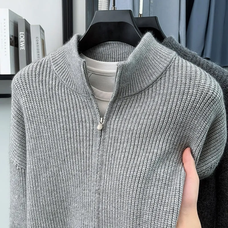 Herren Kuscheliger Zip-Pullover aus Mohair-Mix mit feiner Rippstruktur und Stehkragen Nord Taschen