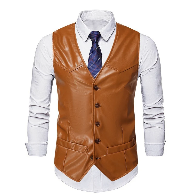 Herren Kunstleder-Weste mit tailliertem Schnitt, V‑Ausschnitt und angedeuteten Pattentaschen Nord Taschen