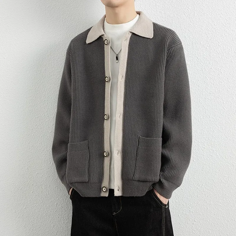 Herren Kontrastkragen-Strickjacke mit durchgehender Knopfleiste und aufgesetzten Taschen Nord Taschen