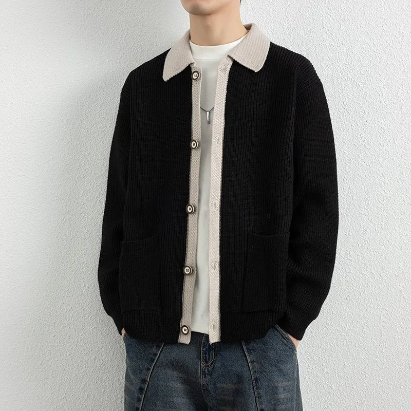 Herren Kontrastkragen-Strickjacke mit durchgehender Knopfleiste und aufgesetzten Taschen Nord Taschen