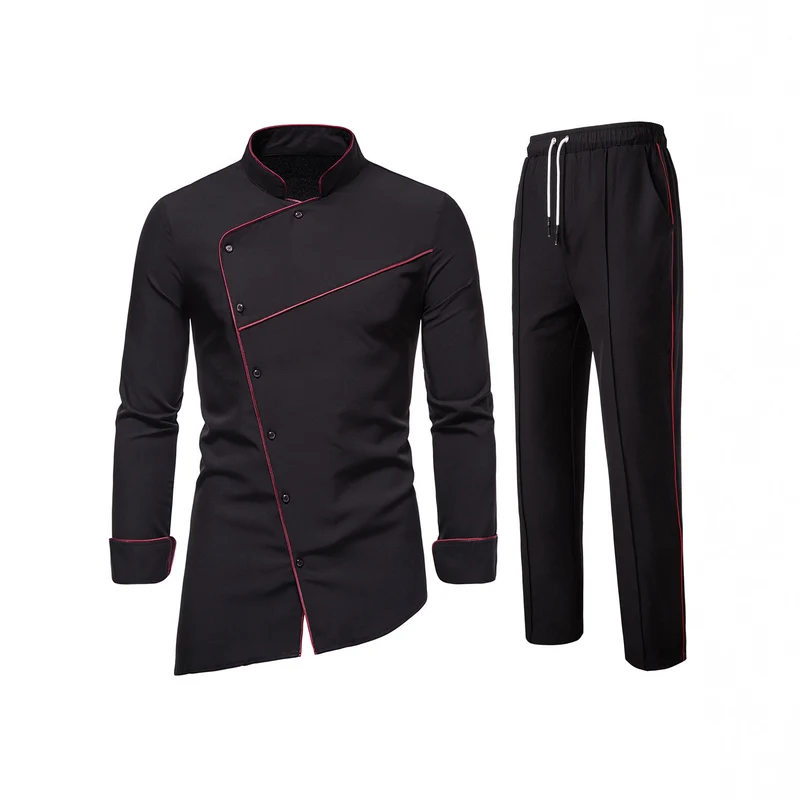 Herren Kochjacke- und Hose-Set aus pflegeleichtem Mikrofaser mit asymmetrischer Knopfleiste und schwarzer Paspelierung Nord Taschen