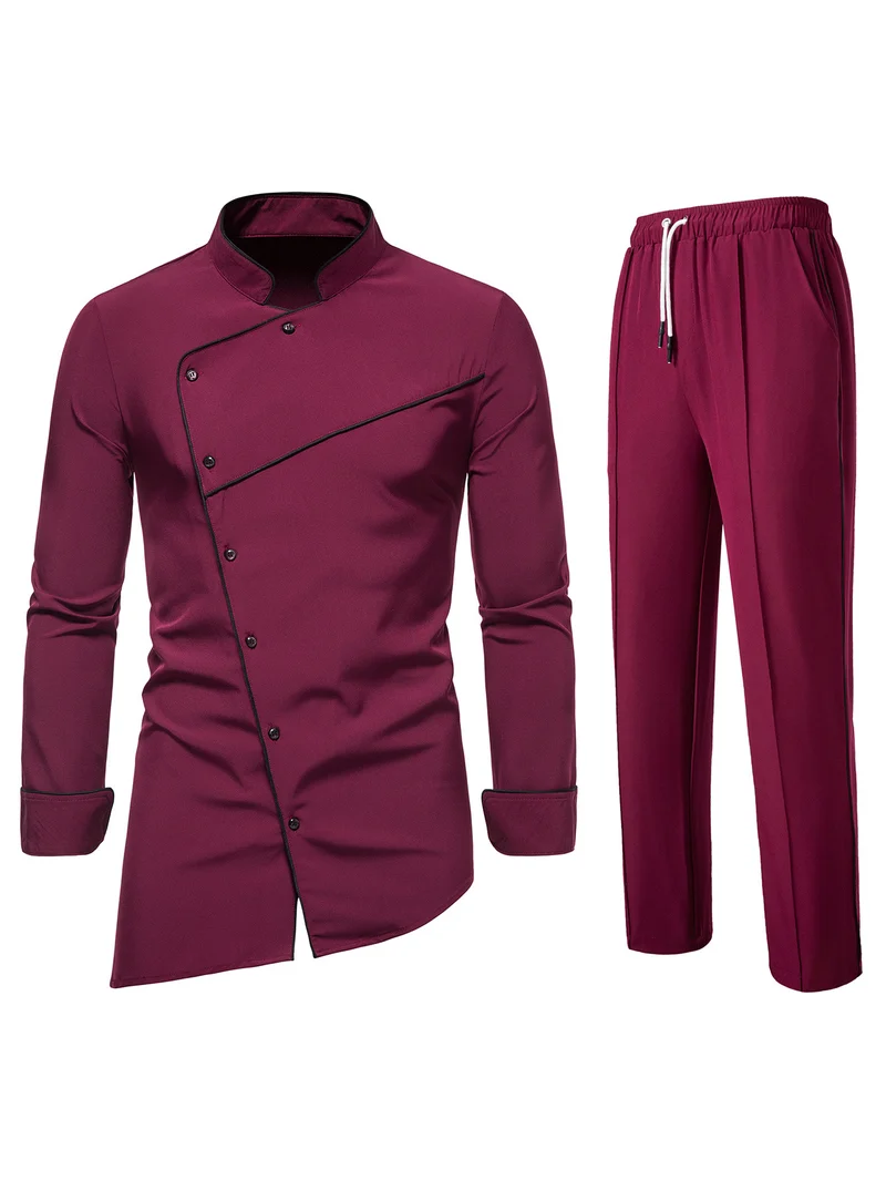Herren Kochjacke- und Hose-Set aus pflegeleichtem Mikrofaser mit asymmetrischer Knopfleiste und schwarzer Paspelierung Nord Taschen