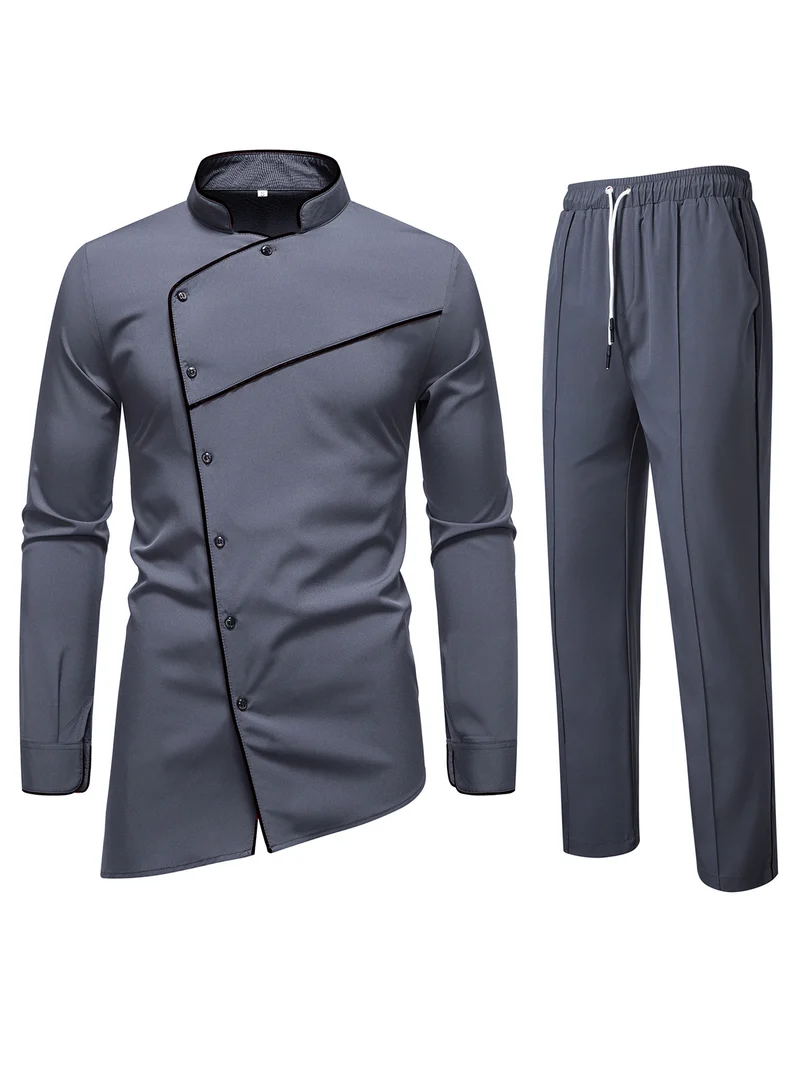 Herren Kochjacke- und Hose-Set aus pflegeleichtem Mikrofaser mit asymmetrischer Knopfleiste und schwarzer Paspelierung Nord Taschen
