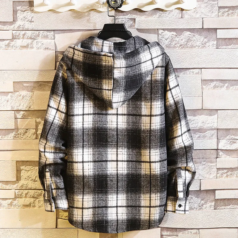 Herren Karo‑Flanell‑Hoodie‑Overshirt mit Kapuze, Brusttasche und Knopfleiste Nord Taschen
