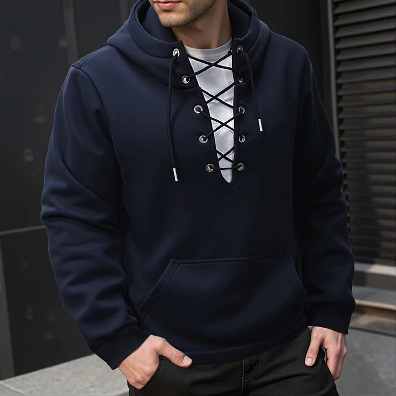Herren Kapuzenpullover im Casual‑Look mit V‑Schnürung, Kängurutasche und gerippten Bündchen Nord Taschen