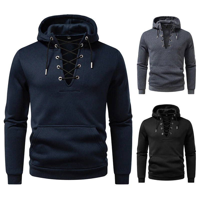 Herren Kapuzenpullover im Casual‑Look mit V‑Schnürung, Kängurutasche und gerippten Bündchen Nord Taschen