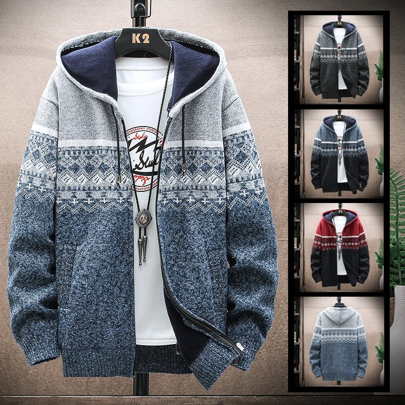Herren Kapuzen-Strickzipjacke mit Norweger-Jacquard und weichem Futter Nord Taschen