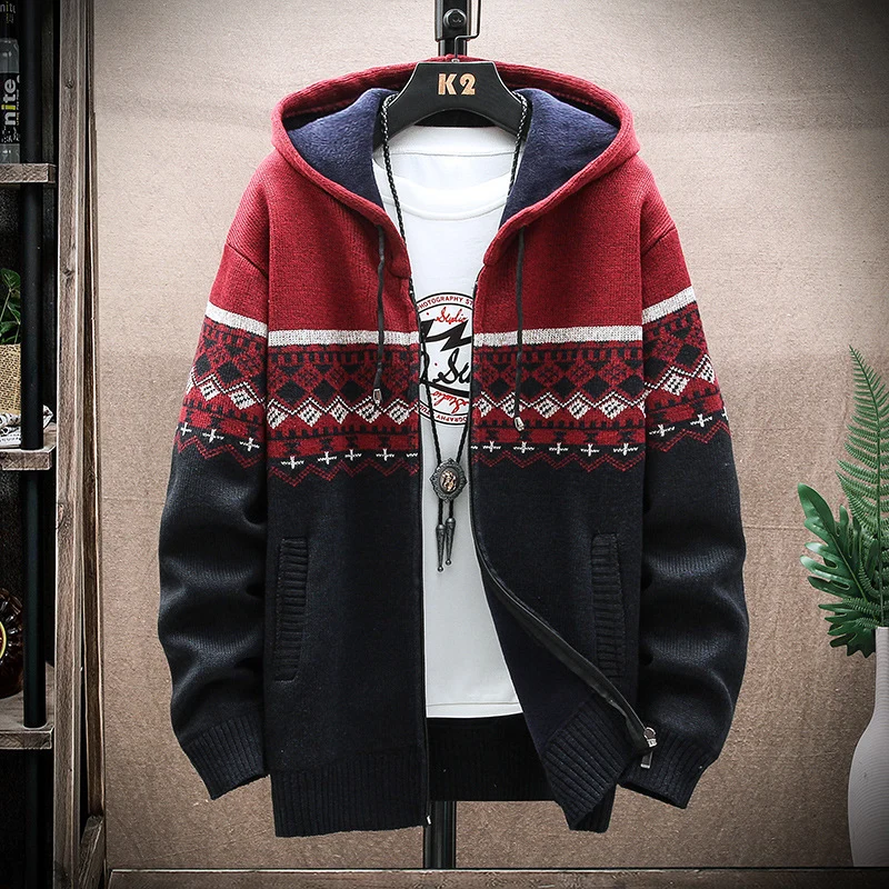 Herren Kapuzen-Strickzipjacke mit Norweger-Jacquard und weichem Futter Nord Taschen