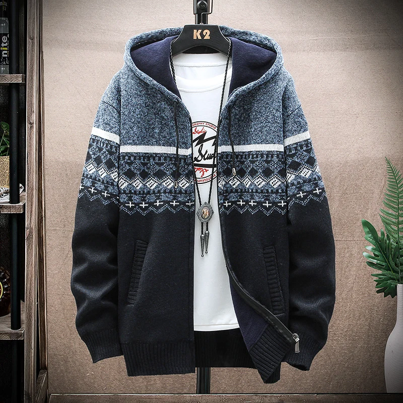 Herren Kapuzen-Strickzipjacke mit Norweger-Jacquard und weichem Futter Nord Taschen
