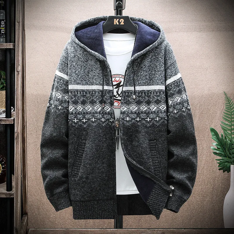 Herren Kapuzen-Strickzipjacke mit Norweger-Jacquard und weichem Futter Nord Taschen