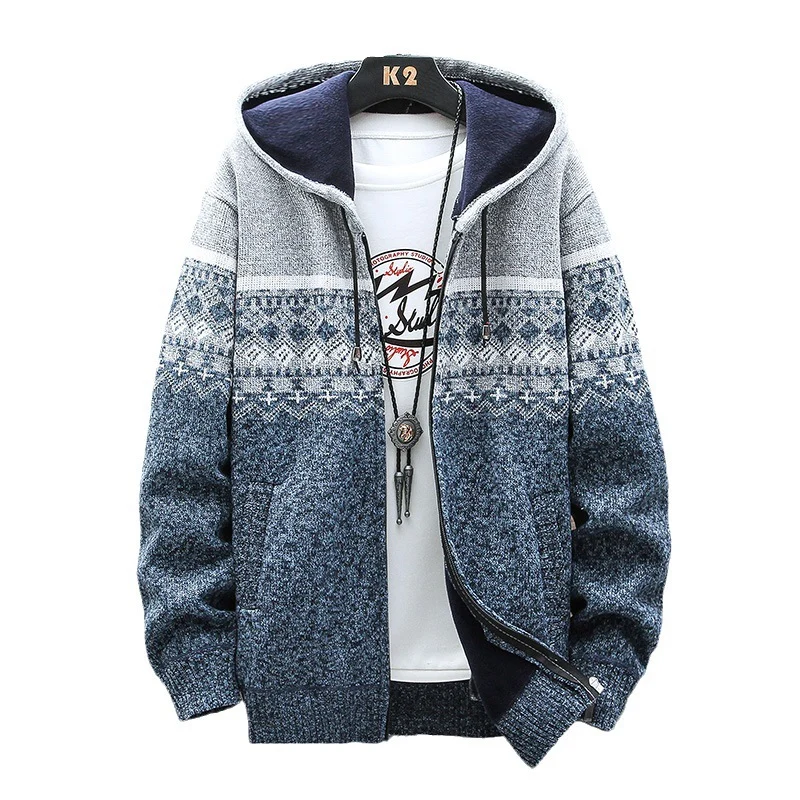 Herren Kapuzen-Strickzipjacke mit Norweger-Jacquard und weichem Futter Nord Taschen