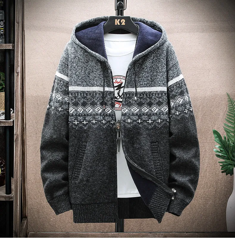 Herren Kapuzen-Strickzipjacke mit Norweger-Jacquard und weichem Futter Nord Taschen