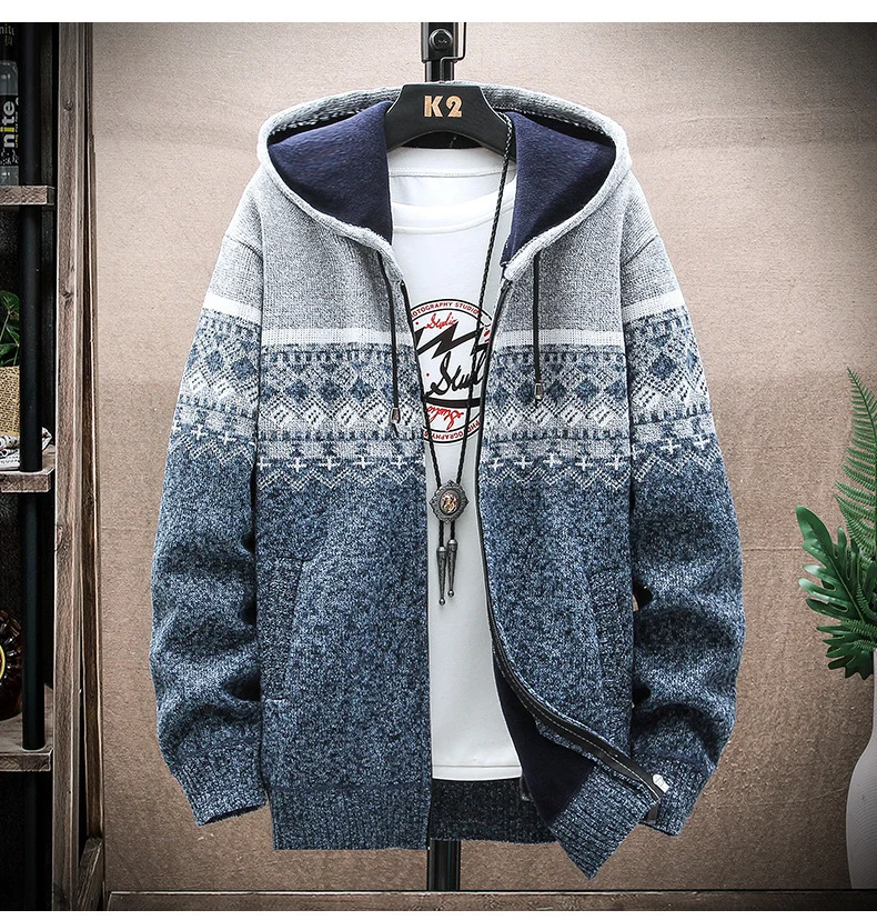 Herren Kapuzen-Strickzipjacke mit Norweger-Jacquard und weichem Futter Nord Taschen