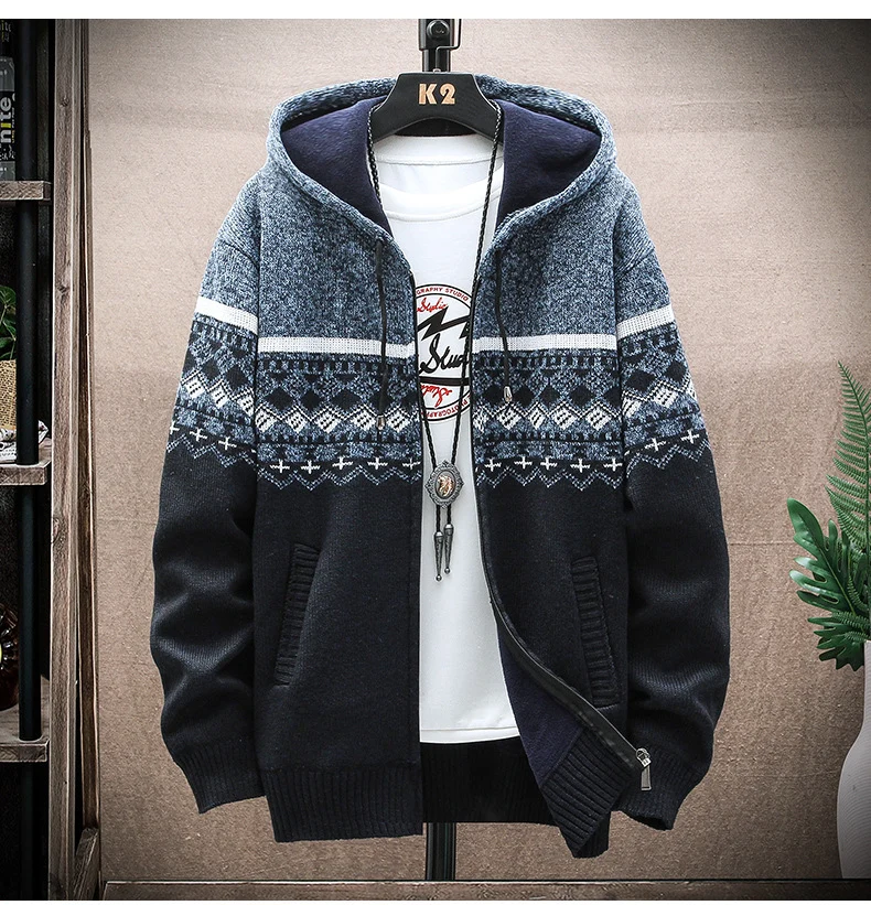 Herren Kapuzen-Strickzipjacke mit Norweger-Jacquard und weichem Futter Nord Taschen