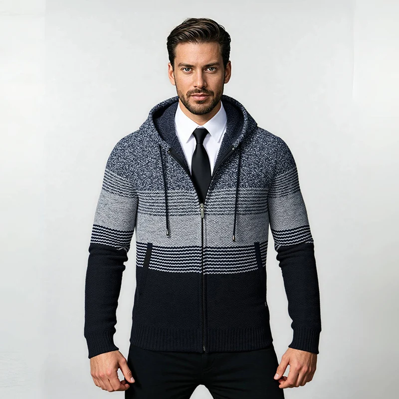 Herren Kapuzen-Strickzipjacke mit farbverlaufendem Blockstreifenmuster und thermischer Struktur Nord Taschen