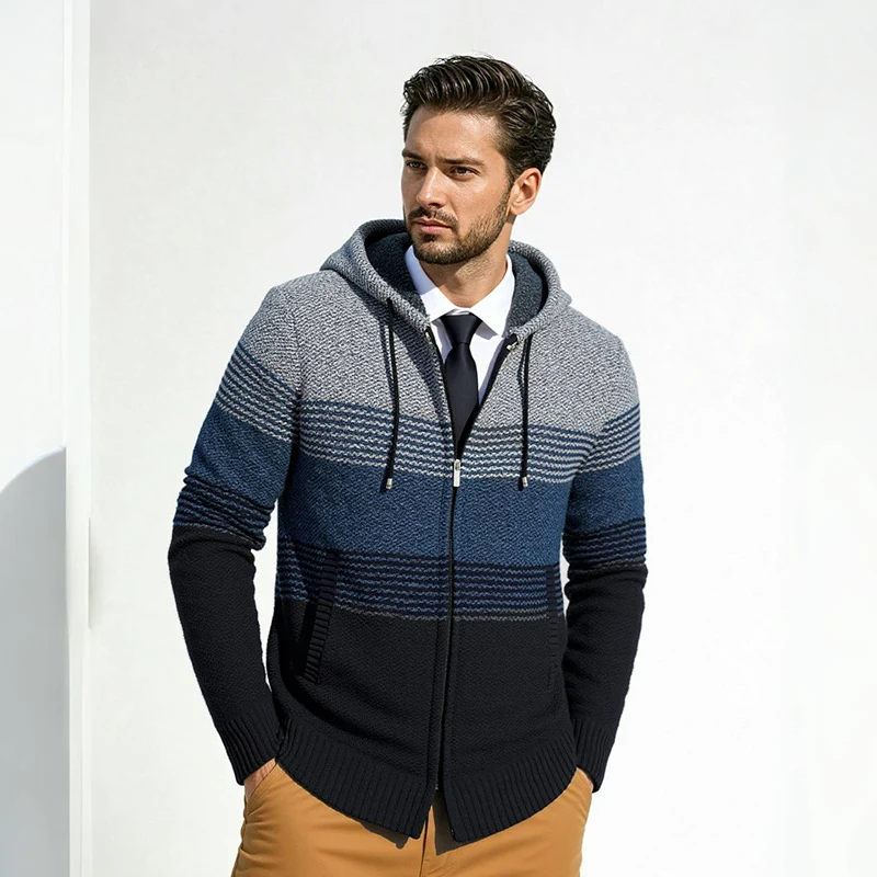 Herren Kapuzen-Strickzipjacke mit farbverlaufendem Blockstreifenmuster und thermischer Struktur Nord Taschen