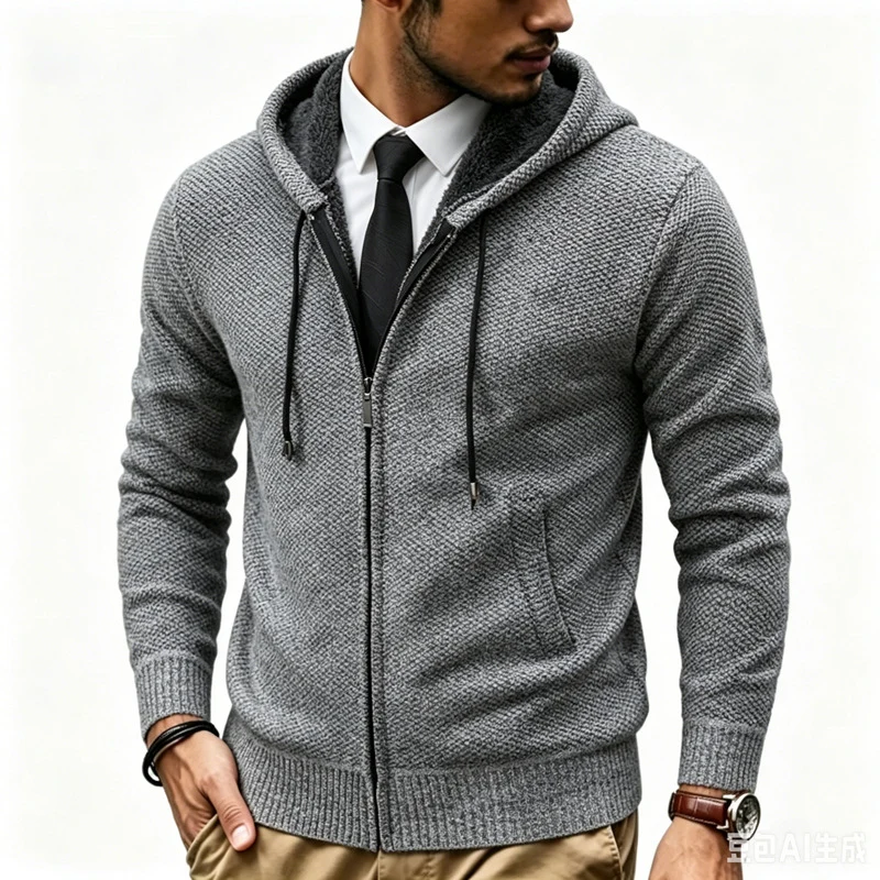 Herren Kapuzen-Strickjacke mit Teddyfutter und durchgehendem Reißverschluss Nord Taschen