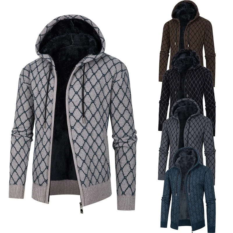 Herren Kapuzen-Strickjacke mit Teddy-Futter und Rautenmuster Nord Taschen