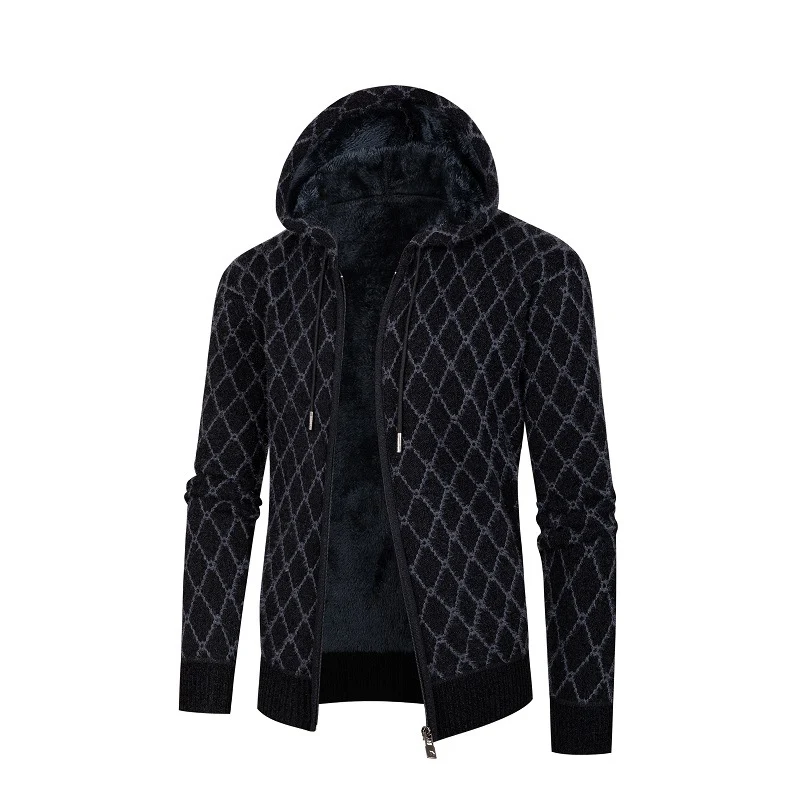 Herren Kapuzen-Strickjacke mit Teddy-Futter und Rautenmuster Nord Taschen