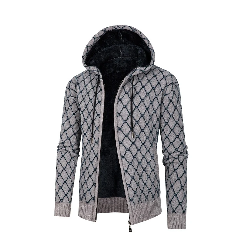 Herren Kapuzen-Strickjacke mit Teddy-Futter und Rautenmuster Nord Taschen