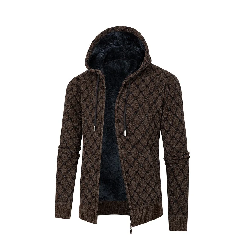 Herren Kapuzen-Strickjacke mit Teddy-Futter und Rautenmuster Nord Taschen