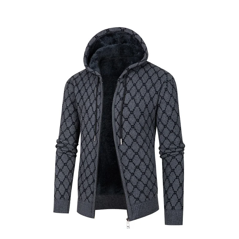 Herren Kapuzen-Strickjacke mit Teddy-Futter und Rautenmuster Nord Taschen