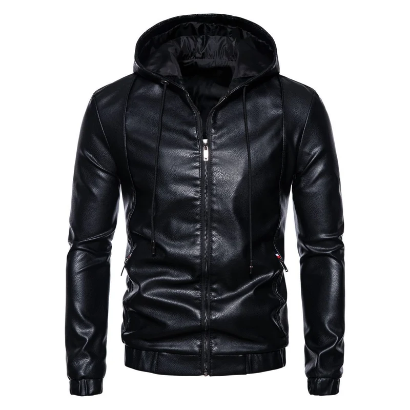 Herren Kapuzen-Lederjacke im Bikerstil mit Reißverschluss und schmaler Silhouette Nord Taschen