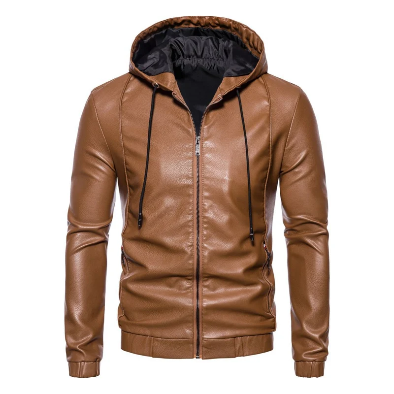 Herren Kapuzen-Lederjacke im Bikerstil mit Reißverschluss und schmaler Silhouette Nord Taschen