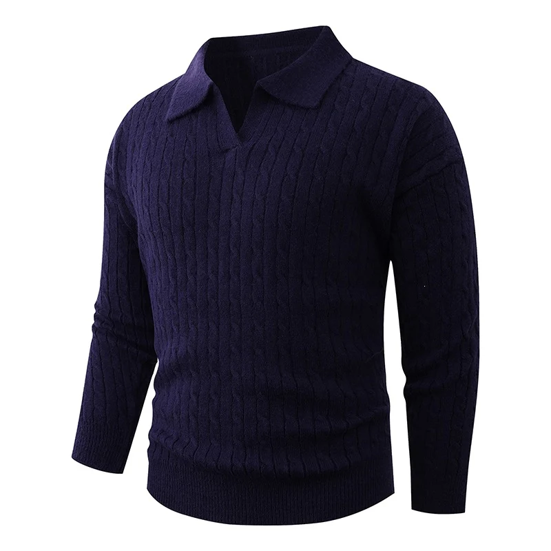Herren Kabelstrick-Polo-Pullover mit V-Ausschnitt und Zopfmuster Nord Taschen